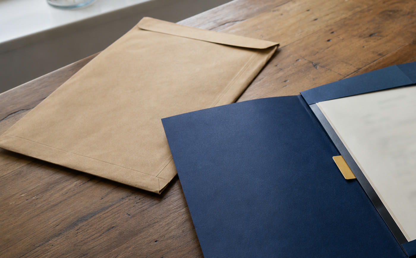A document in a blue folder and an envelope for delivery